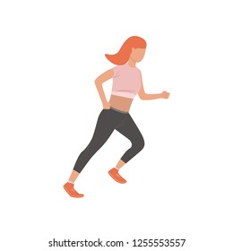 Redhead lady running on isolated background. Physical activity, training, hobby. Can be used for topics like sport, fitness, body conscious