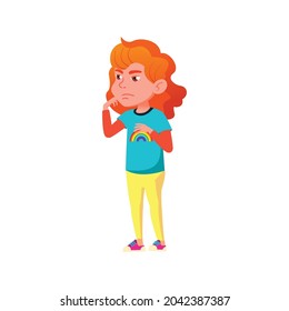 redhead little girl looks suspicious at parents cartoon vector. redhead little girl looks suspicious at parents character. isolated flat cartoon illustration