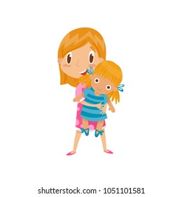 Redhead little girl playing with her doll, cute cartoon character vector Illustration on a white background