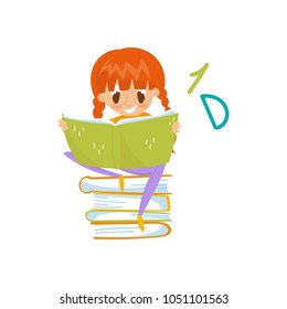 Redhead little girl sitting on a pile of books and reading, education and knowledge concept, colorful cartoon character vector Illustration on a white background