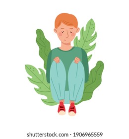 Redhead Male Sitting on the Ground with Bending Knees and Floral Leaves Behind Vector Illustration