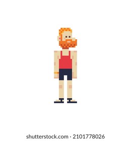 Redhead man with a beard character. Pixel art style. Avatar, portrait, profile picture.  Game assets.  8-bit. Isolated vector illustration.