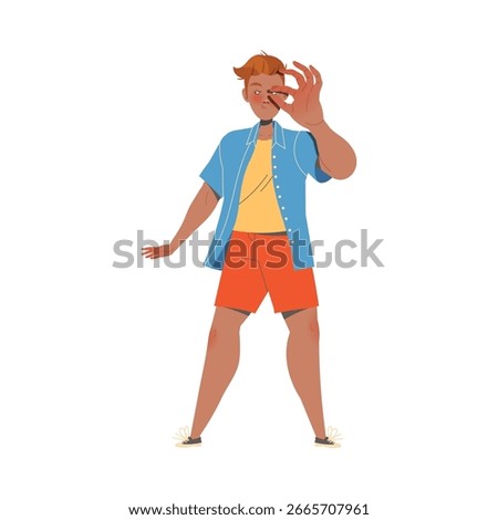 Redhead Man Character Showing Small Size with Finger as Hand Gesture Expressing Emotion with Body Language Vector Illustration
