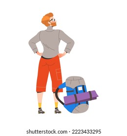 Redhead Man Character in Sunglasses with Backpack Standing and Looking Up Engaged in Hiking in the Mountains Back View Vector Illustration