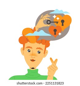 Redhead Man Character with Type of Thinking with Lock and Key as Mindset Model in His Head Vector Illustration