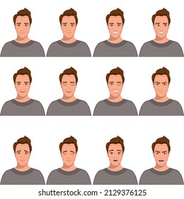 Redhead man with different facial expressions. Set of human emotions. Vector illustration.