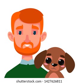 Redhead man with a dog. Pet. Veterinary clinic logo. Vector illustration in childish cartoon style.