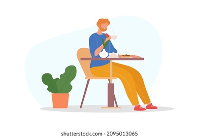 Redhead man drink coffee. Character sitting in coffee shop, resting from work. Modern interior, morning drink. Tea or caffeine in mug. Graphic elements for site. Cartoon flat vector illustration