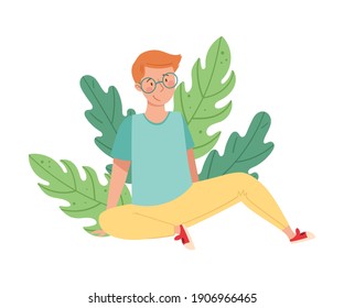 Redhead Man in Glasses Sitting on the Ground with Floral Leaves Behind Vector Illustration