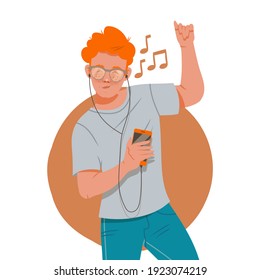 Redhead Man with Headphones Listening to Music and Moving with Dancing Motion Vector Illustration