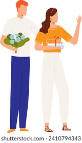 Redhead man holding flowers and brunette woman with a gift box waving hello. Casual style, friendly gesture, and gift exchange illustration. Celebrating friendship and giving presents vector