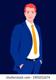 A redhead man holds his hands in his pants pockets. A happy businessman. A young politician smiles. Vector flat illustration