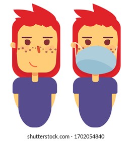Hombre pelirrojo sobre fondo blanco aislado. Niño europeo enmascarado por pancarta social, propaganda de higiene, afiche médico. Logo de la red social o arte de impresión de tela. Ilustración vectorial de estilo plano
