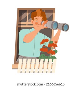 Redhead Man in Open Window with Binoculars Vector Illustration