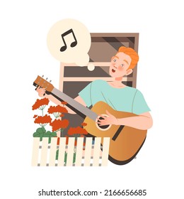 Redhead Man in Open Window Playing Guitar and Singing Vector Illustration