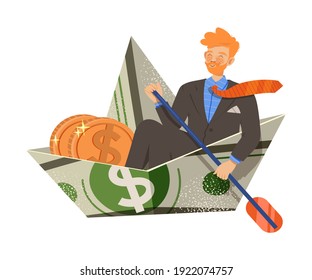 Redhead Man Sailing in Dollar Boat with Coins Vector Illustration