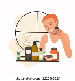 A redhead man shaves with a machine, makes cosmetic procedures for skin care, vector illustration,
enjoying a skincare routine. Men's hygiene.