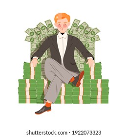 Redhead Man Sitting on Pile of Dollar Banknotes Vector Illustration