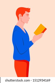 A redhead man stands in profile and holds a book in his hands. Guy reading a book. Student in the university library. Vector flat illustration