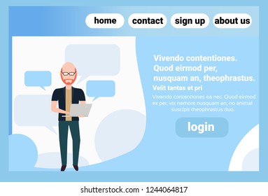 Redhead Man Using Laptop Chat Bubble Standing Pose Bald Head Faceless Silhouette Male Cartoon Character Copy Space Horizontal Full Length Flat