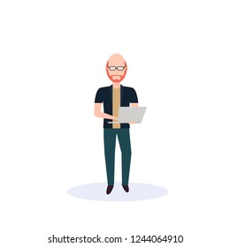 Redhead Man Using Laptop Standing Pose Isolated Bald Head Faceless Silhouette Male Cartoon Character Full Length Flat