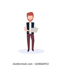 redhead man using laptop standing pose isolated faceless silhouette male cartoon character full length flat
