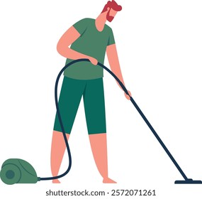 Redhead man using a vacuum cleaner while diligently cleaning the house, vacuuming the floor, and managing household chores in a modern and tidy living space