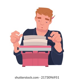 Redhead Man Writer Character at Typewriter Writing Book Engaged in Creative Literary Work Vector Illustration