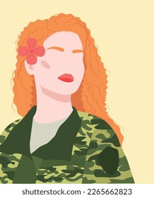 Redhead military woman. Feminism concept design.