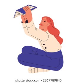 Redhead mustachioed man read book. People rest with literature, longhair reader sit on floor, smart bookworm study. Intellectual hobby for self education. Flat isolated vector illustration on white