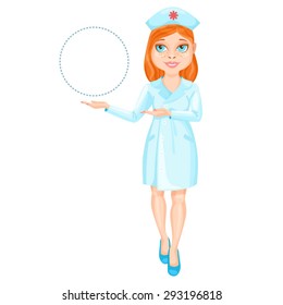 Redhead nurse pointing on something by her hands / There is a redhead nurse wearing a blue suit. She stands straight and pointing by her both hands on something on the left

