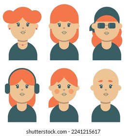 Redhead people faces icons set avatars in flat style geometry vector illustration