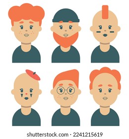 Redhead people faces icons set avatars in flat style geometry vector illustration