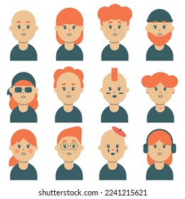 Redhead people faces icons set avatars in flat style geometry vector illustration