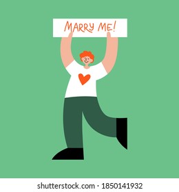 Redhead person holds sign board with marry me lettering in hands. Cartoon character for greeting card, poster, social media or print. Hand-drawn flat vector illustration isolated on green background. 