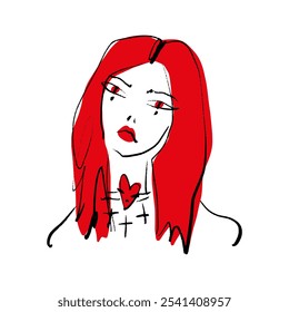 Redhead Podium Mode Mädchen Schönheit Make-up schnelle Skizze Porträt Abstraktion, Vektorgrafik Clipart abstrakte Frau Linie Pinsel Gesicht Kunst Druck für T-Shirt und mehr, schwarze Farbe Kontur Färbung