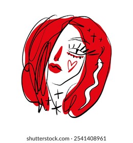 Redhead Podium Mode Mädchen Schönheit Make-up schnelle Skizze Porträt Abstraktion, Vektorgrafik Clipart abstrakte Frau Linie Pinsel Gesicht Kunst Druck für T-Shirt und mehr, schwarze Farbe Kontur Färbung