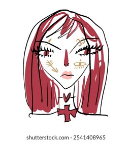 Redhead Podium Mode Mädchen Schönheit Make-up schnelle Skizze Porträt Abstraktion, Vektorgrafik Clipart abstrakte Frau Linie Pinsel Gesicht Kunst Druck für T-Shirt und mehr, schwarze Farbe Kontur Färbung