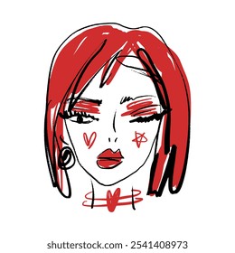 Redhead Podium Mode Mädchen Schönheit Make-up schnelle Skizze Porträt Abstraktion, Vektorgrafik Clipart abstrakte Frau Linie Pinsel Gesicht Kunst Druck für T-Shirt und mehr, schwarze Farbe Kontur Färbung