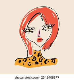 Redhead Podium Mode Glamour Mädchen Schönheit Make-up und Leoparden Druck Kleid Glasur schnelle Skizze Porträt Abstraktion, Vektorgrafik Clip-Art abstrakte Frau Linie Tinte Pinsel Gesicht Kunst Druck für T-Shirt