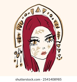 Redhead Podium Mode Glamour slavic Mädchen, nationale kokoshnik Korbel Bogen Kostüm, Schönheit Make-up und Leopard Print Kleid glamourös schnelle Skizze Porträt Abstraktion, Vektorgrafik Clipart abstrakt