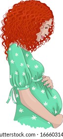 Redhead pregnant woman profile. Vector hand drawing illustration