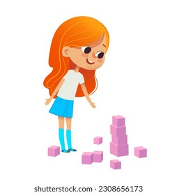 A redhead preschool girl plays with pink blocks and builds a tower of pink cubes. Concept of Montessori materials. Vector illustration for poster, banner, website, flyer, advertisement.