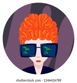 Redhead programmer girl in big glasses that reflecting the programming code in the monitor.