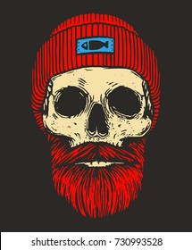 Redhead Sailor Skull With Beards And Mustache / Fisherman Skull On Black Background