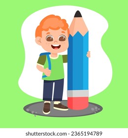 Redhead schoolboy with pencil. Cartoon vector illustration.