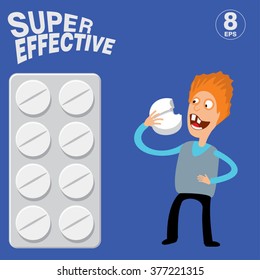 redhead sick or greedy man eats a huge pill. humor vector illustration