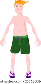 redhead skinny guy in green swimsuit and flipflops