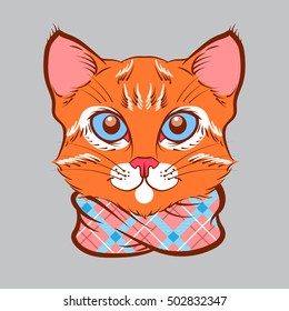 Redhead smiling cat in a scarf with blue eyes