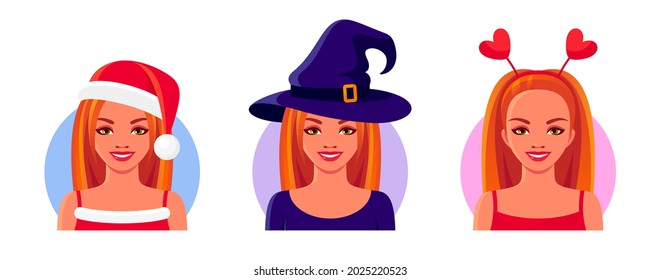 Redhead smiling girls wearing masquerade costumes for Christmas, Halloween and Valentine's Day. Avatar faces of women with long hair. Set of vector colorful illustrations